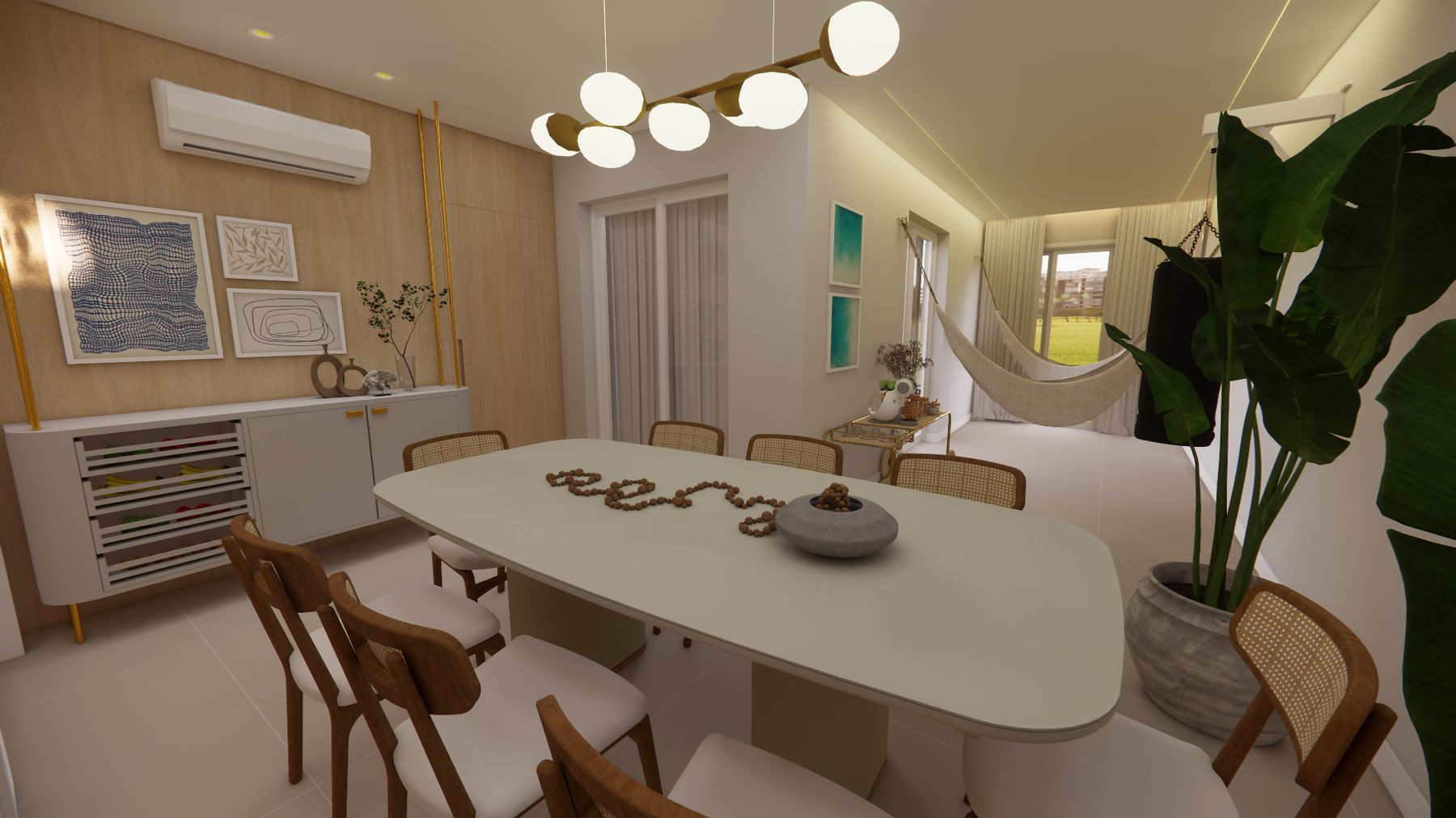 Sala de jantar ampla com mesa oval, pendente de globos e rede ao fundo