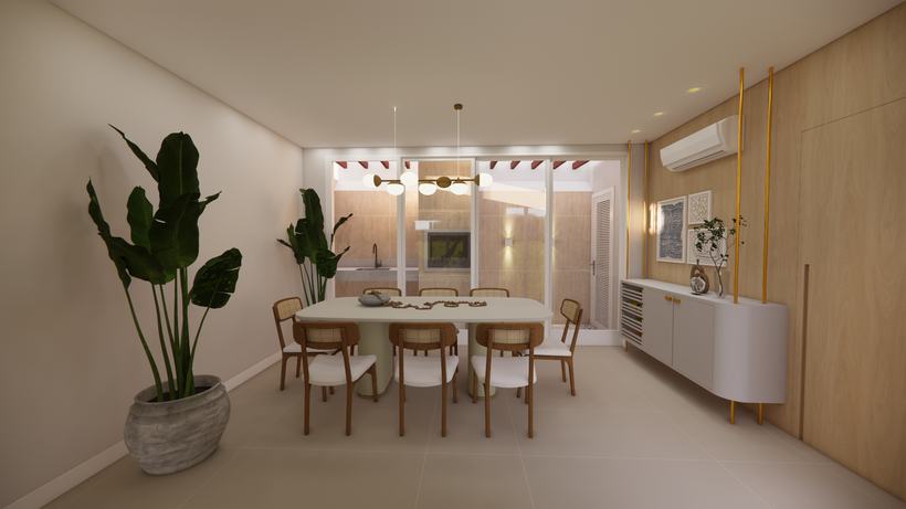 Sala de jantar simétrica com vidraça para a área gourmet