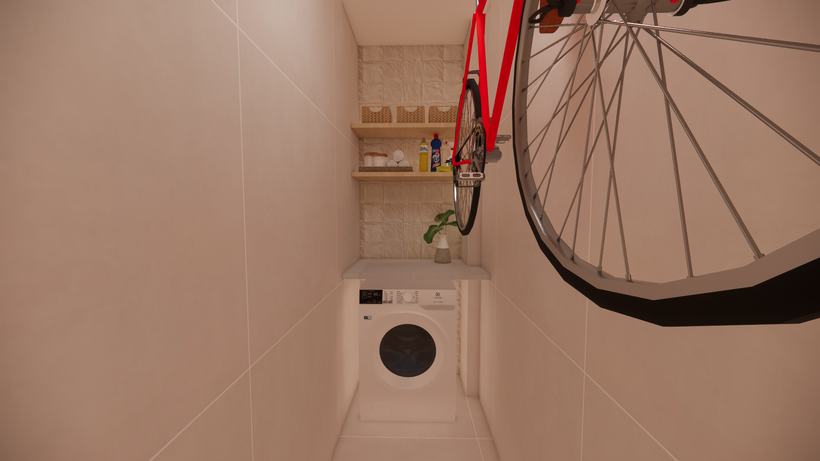 Lavanderia com revestimento cerâmico, prateleiras e bicicleta suspensa