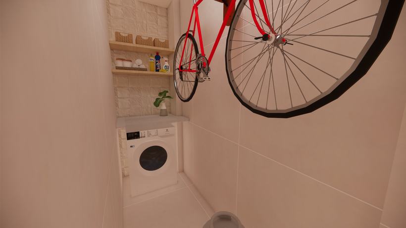 Lavanderia compacta com nicho de apoio e bicicleta suspensa