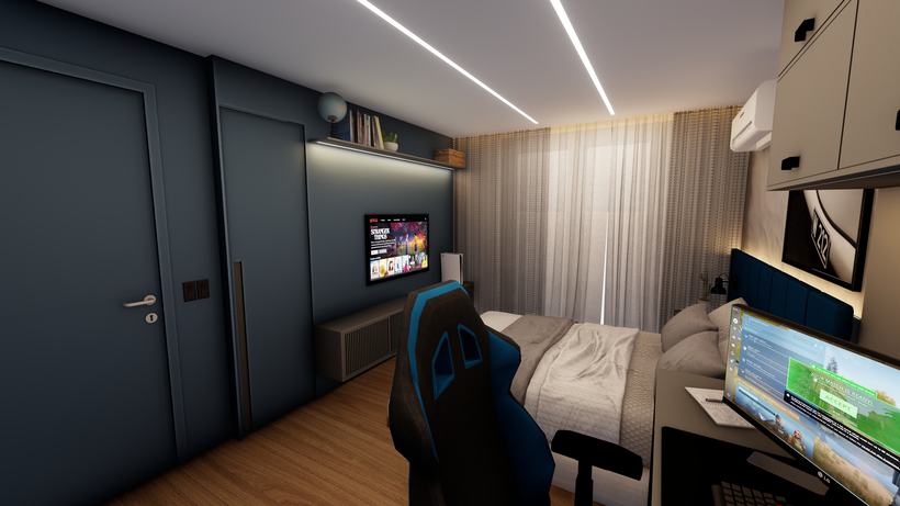 Portas embutidas em azul profundo e prateleira com iluminação