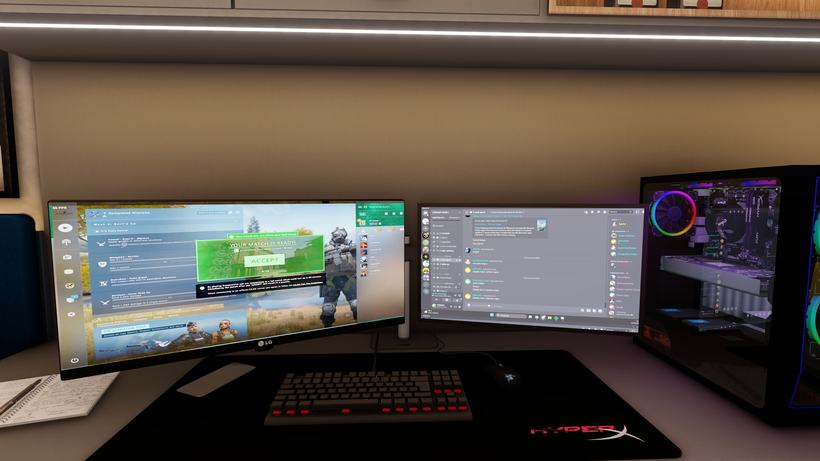 Bancada com dois monitores e setup de jogos