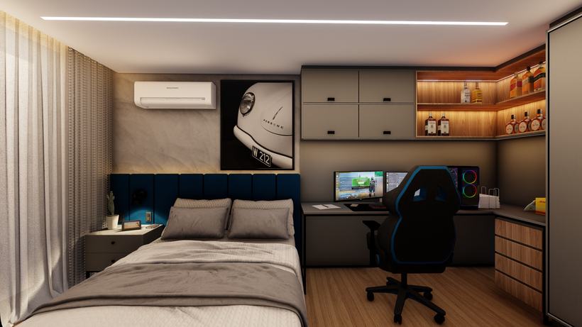 Vista frontal do quarto com cama, bancada em L e armários suspensos