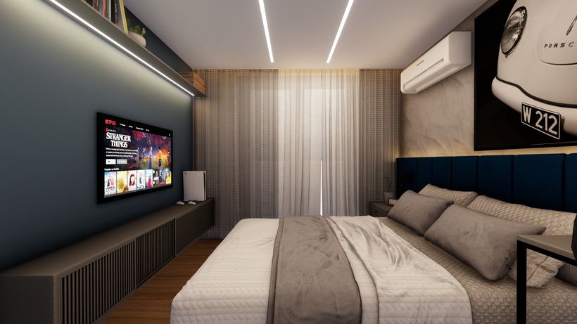 Parede de TV com rack ripado, cortina em linho e luz linear no teto