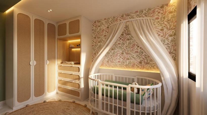 Berço oval com dossel, armário com portas em palhinha e papel de parede floral