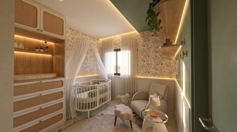 Quarto de bebê com cômoda-trocador, nicho iluminado, boiserie e poltrona